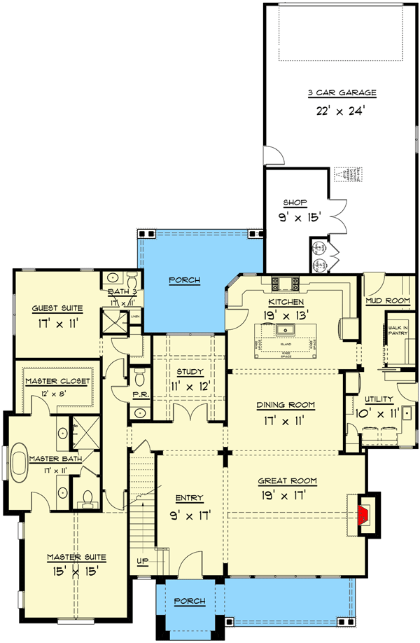 Plan 915041CHP: Exclusive Modern Farmhouse Plan with Main-Floor Master and Guest Suite - Floor Plan - Main Level - Country, Craftsman, Farmhouse, Modern Farmhouse, New American, Southern, Transitional