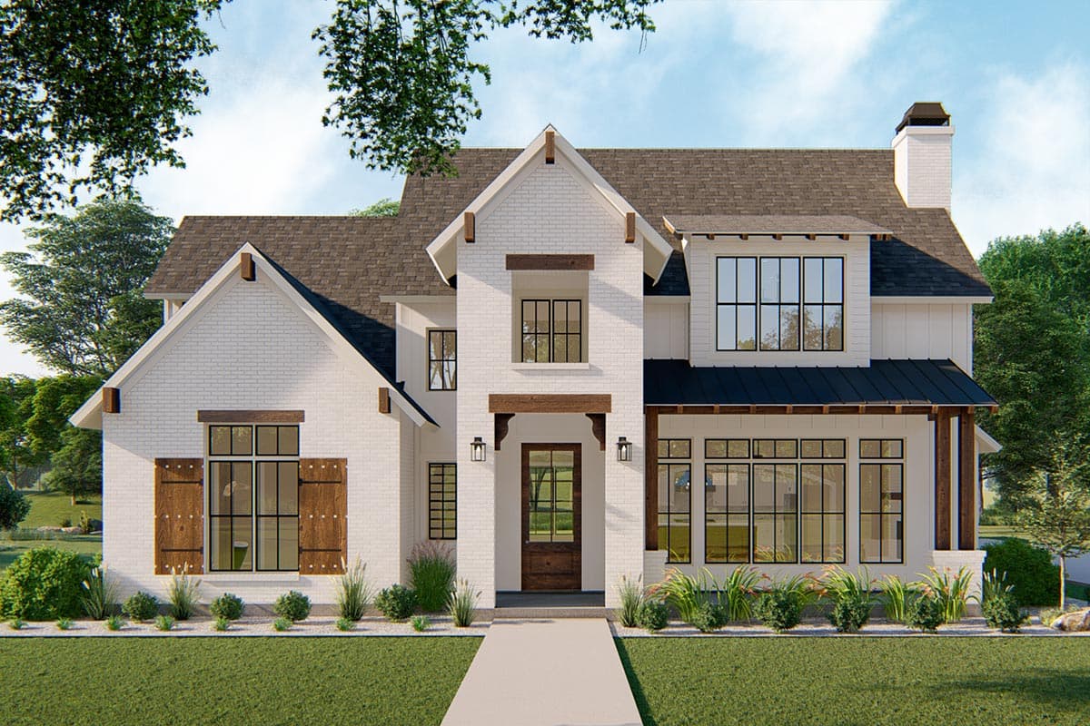House plan exterior. Two-story Modern Farmhouse with gables, a covered porch, and a dark metal roof over the front entry.