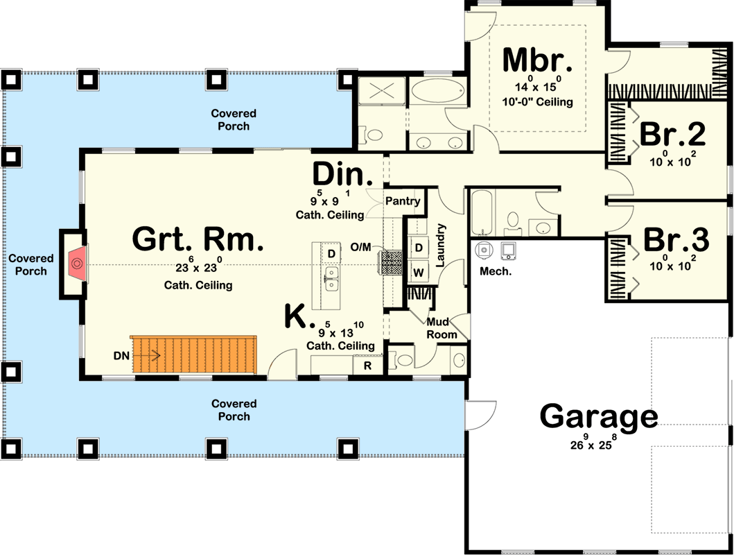 Plan 62885DJ: 3-Bed Country Home Plan with Wraparound Porch - 1781 Sq Ft - Floor Plan - Main Floor - Basement Stairs Location - Country