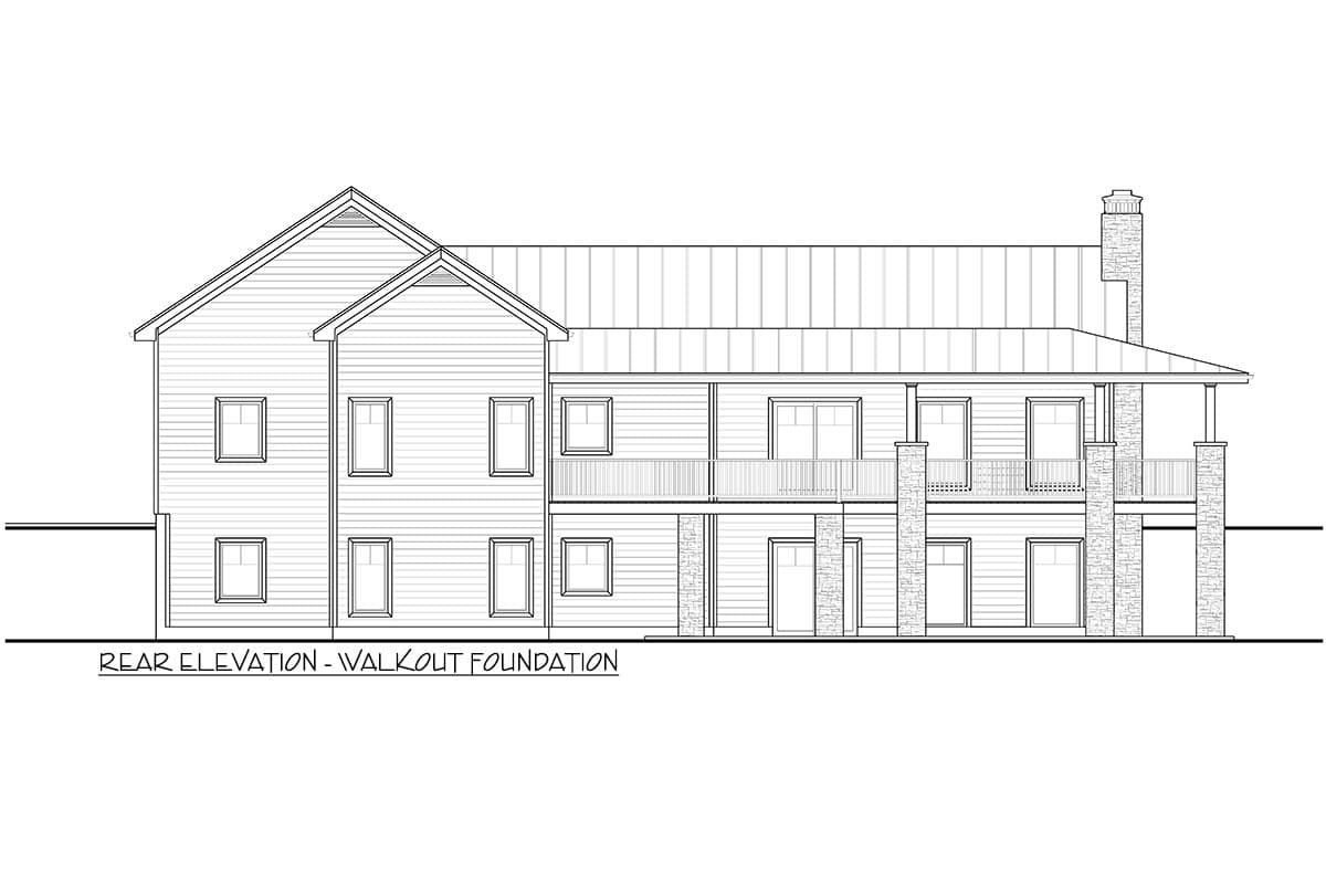 Rear elevation drawing of a house plan with a walkout foundation, featuring multiple levels, balconies, and stone-clad columns.