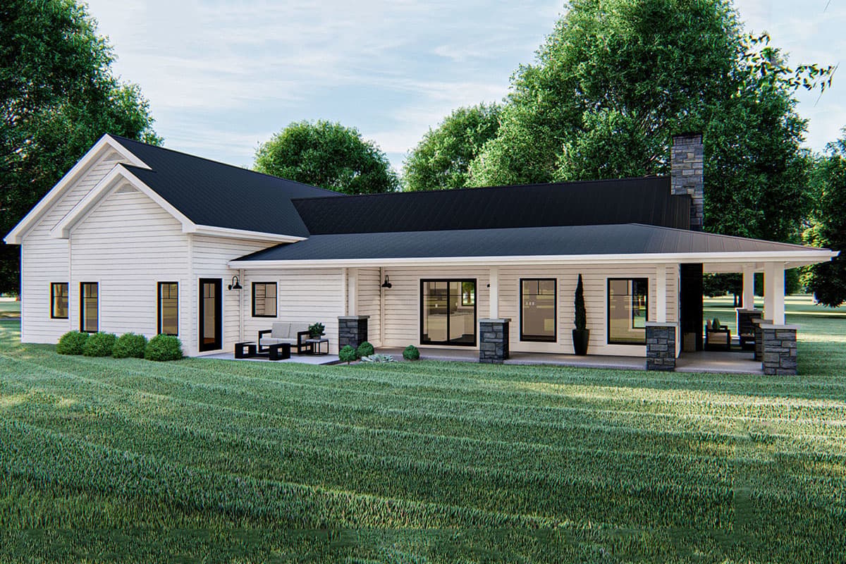 Modern farmhouse style house plan exterior with a prominent covered porch, gabled roof, and stone chimney.