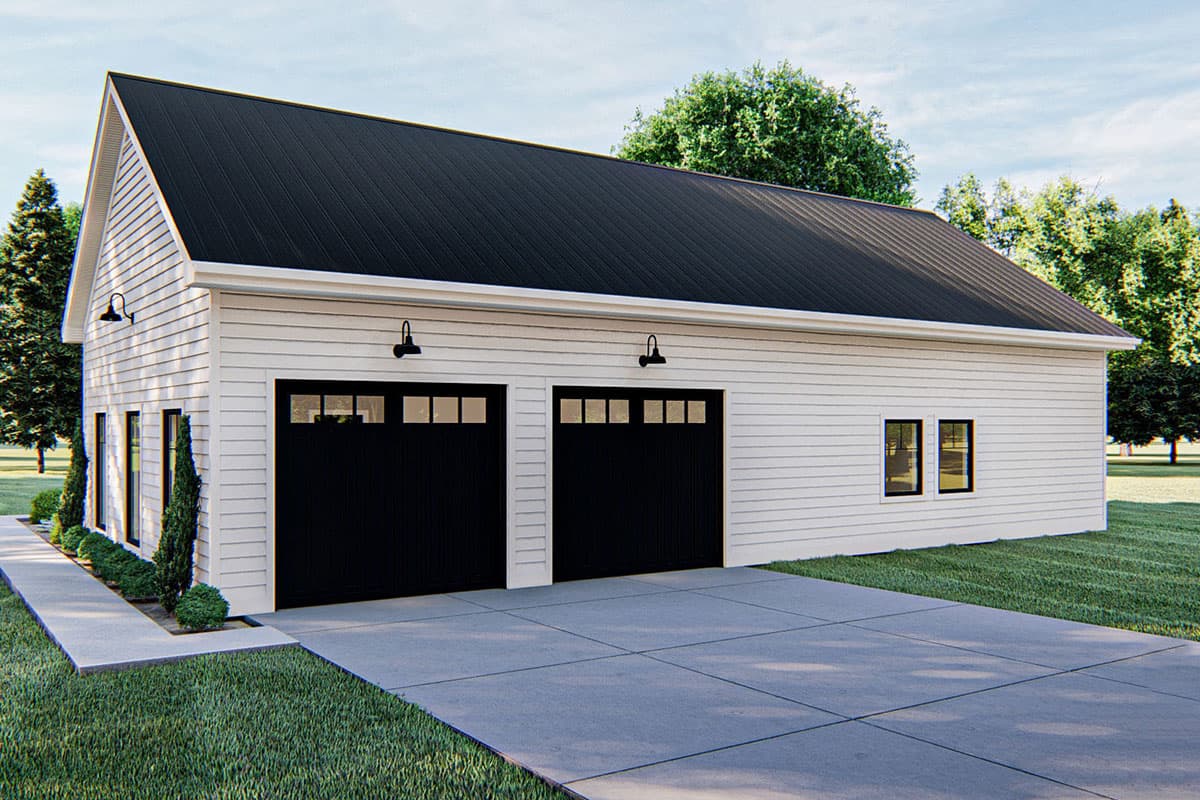 House plan exterior of a two-car garage with white lap siding, black doors with windows, and a black metal standing seam roof.