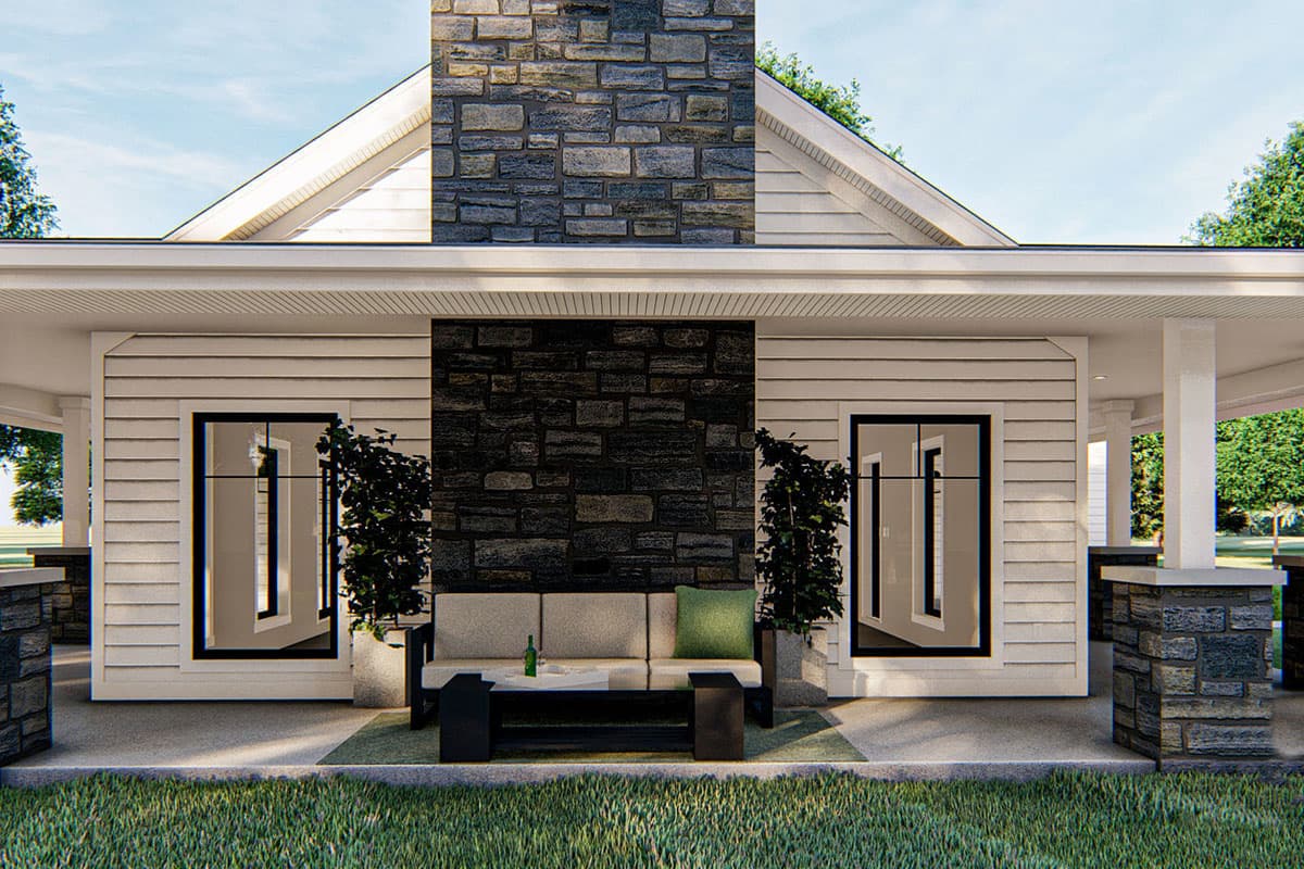 House plan exterior with gabled roof, siding, stone chimney, covered porch, and large windows.
