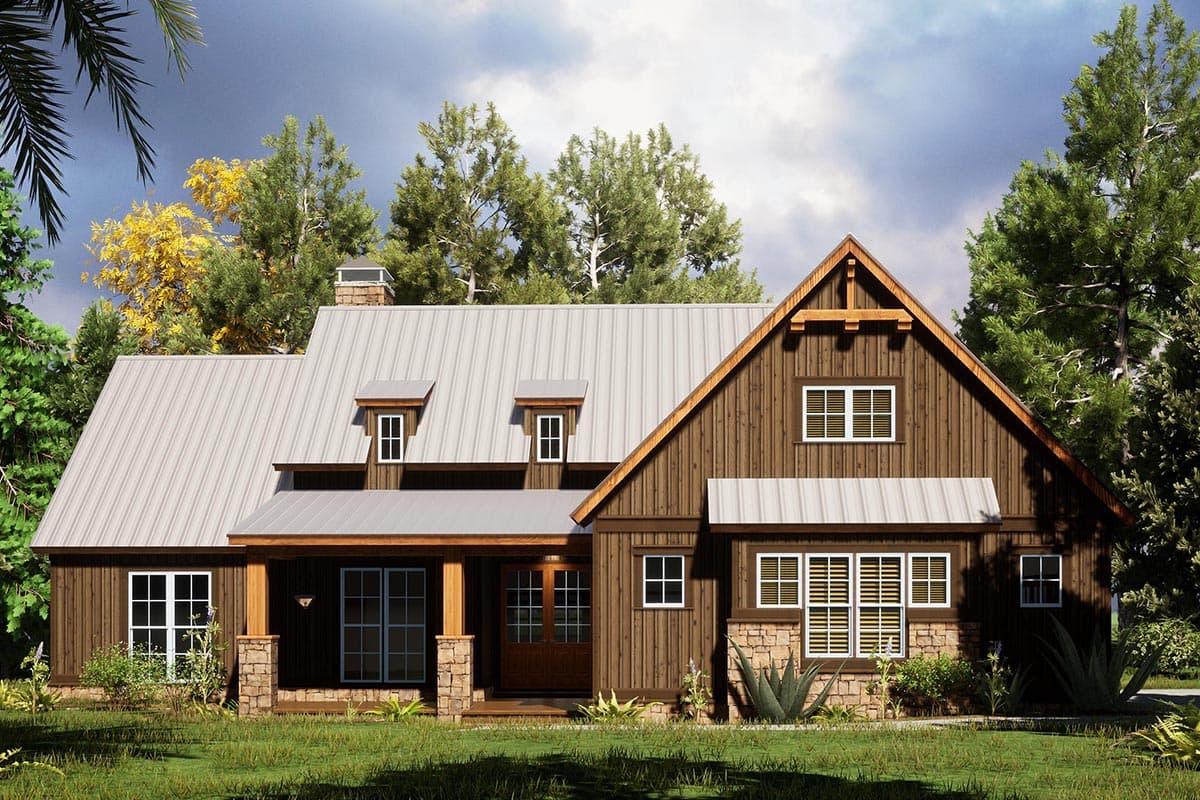 House plan exterior. Two-story, farmhouse style home with metal roof, gable, dormers, and front porch with stone columns.