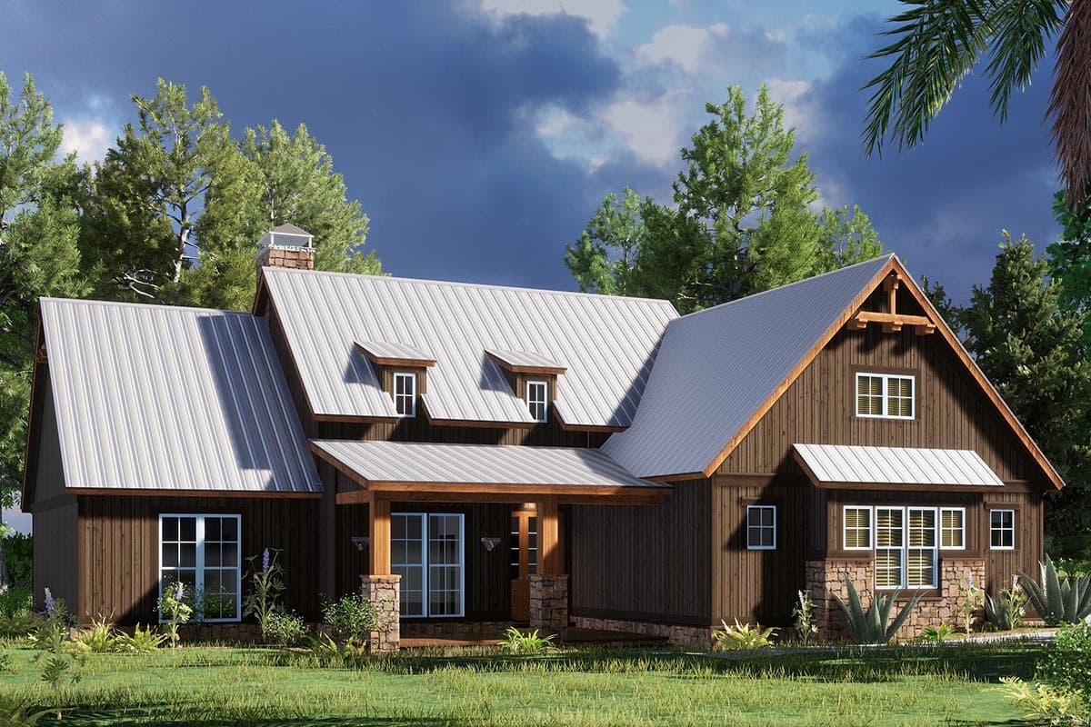 Modern Farmhouse house plan exterior with metal roof, dormers, stone foundation, and wood siding.