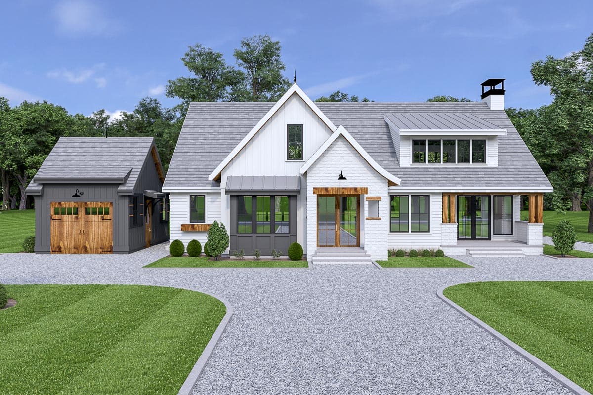 House plan exterior. Modern farmhouse style with gabled roof, covered porch with wooden posts, and detached garage with wood doors.