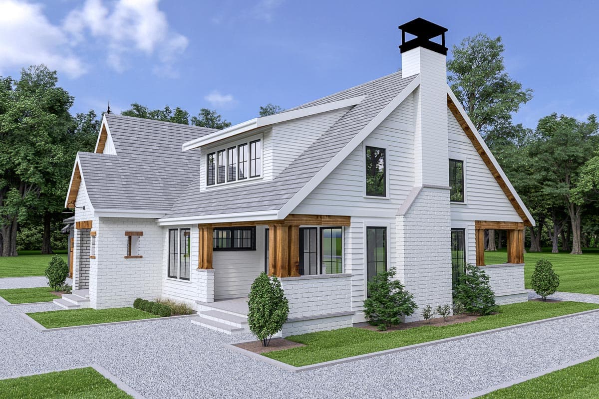 Modern Farmhouse house plan exterior with white brick, wood accents, dormer windows, gabled roof, and prominent chimney.