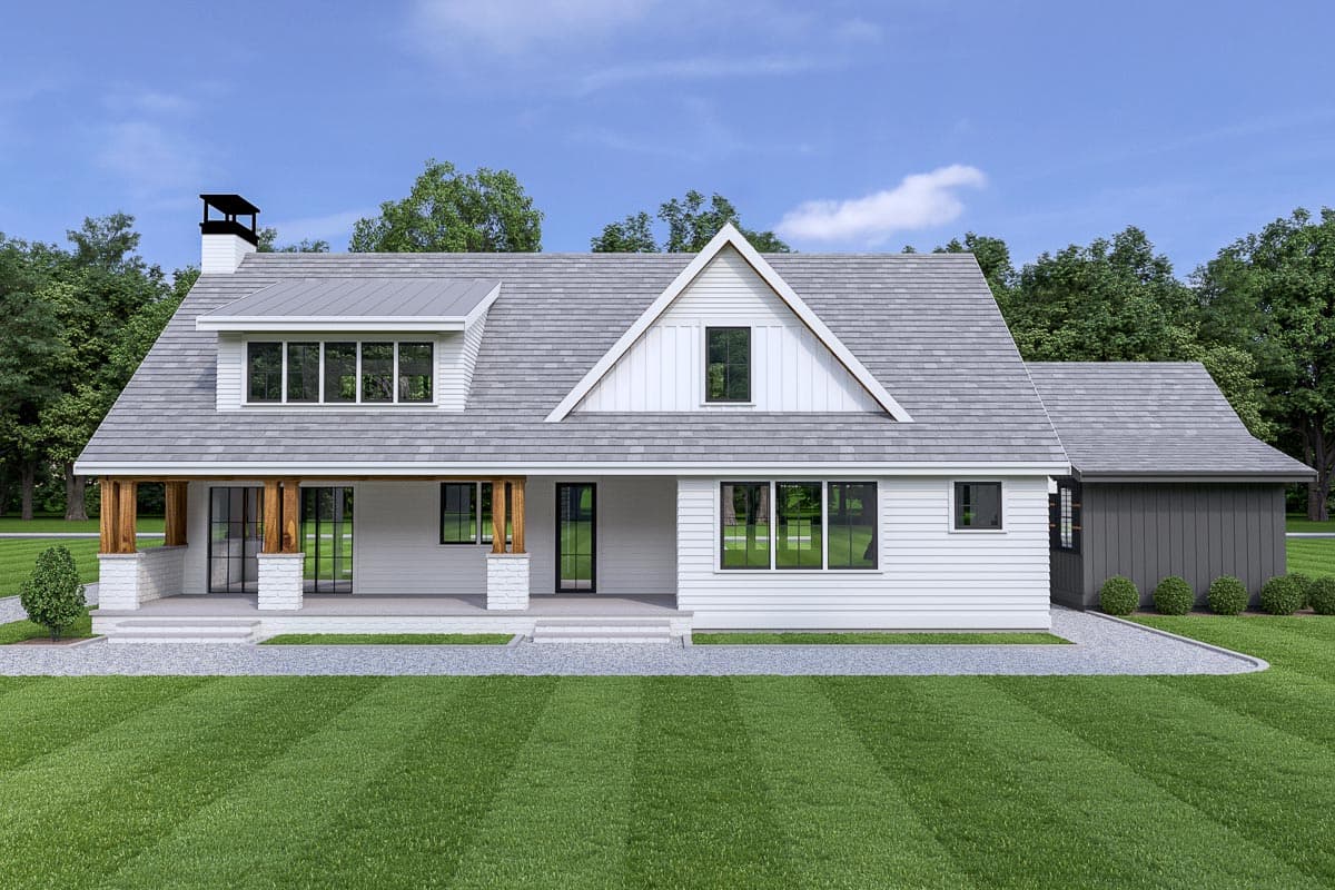 Modern Farmhouse style house plan exterior with a prominent gable, covered porch with timber posts, and dormer.