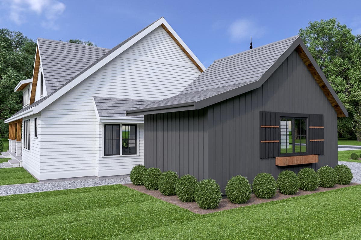 Modern Farmhouse house plan exterior with white lap siding, dark vertical siding, gables, and dormers.