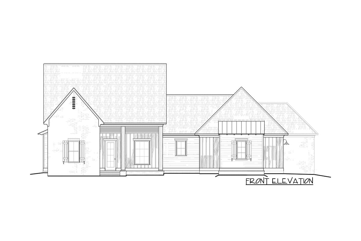 Front elevation drawing of a one-story house plan with a gabled roof, covered entry porch, and various window styles.