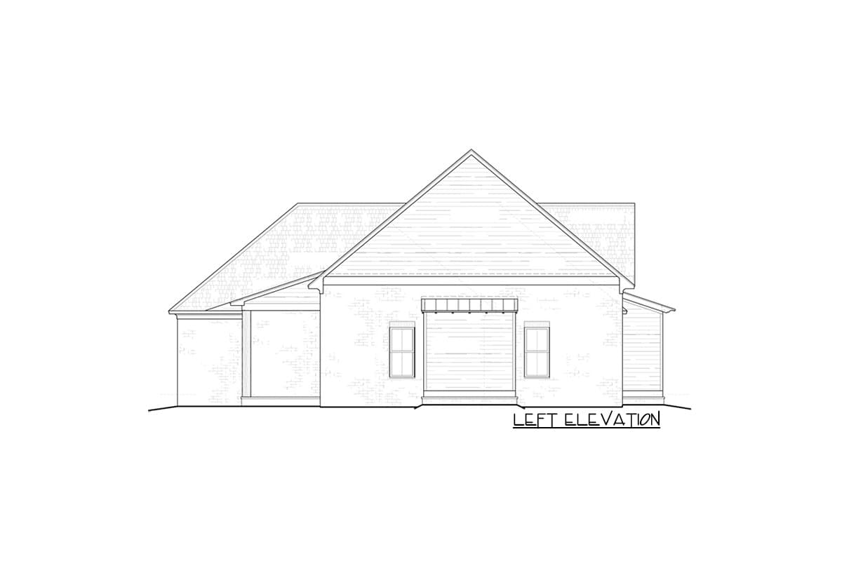 Left elevation drawing of a house plan, showing gabled rooflines, brick and siding exterior, and two windows.