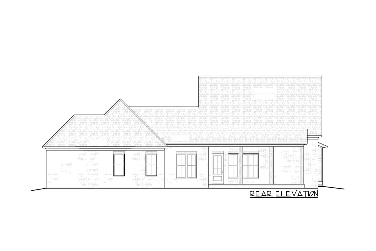 Rear elevation drawing of a one-story house with a covered porch, dormer, and varied rooflines.