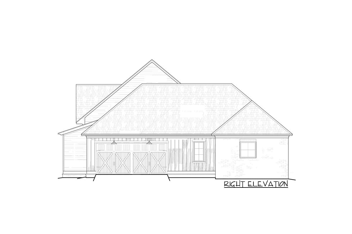 Right elevation house plan with a two-car garage, multiple gables, and varied exterior siding.