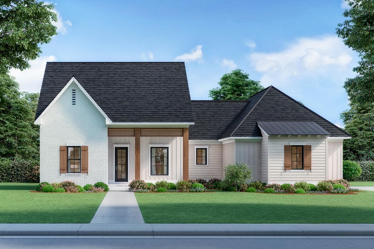 House plan exterior. Modern Farmhouse style with a gabled roof, brick chimney, wood shutters, and porch with exposed beams.
