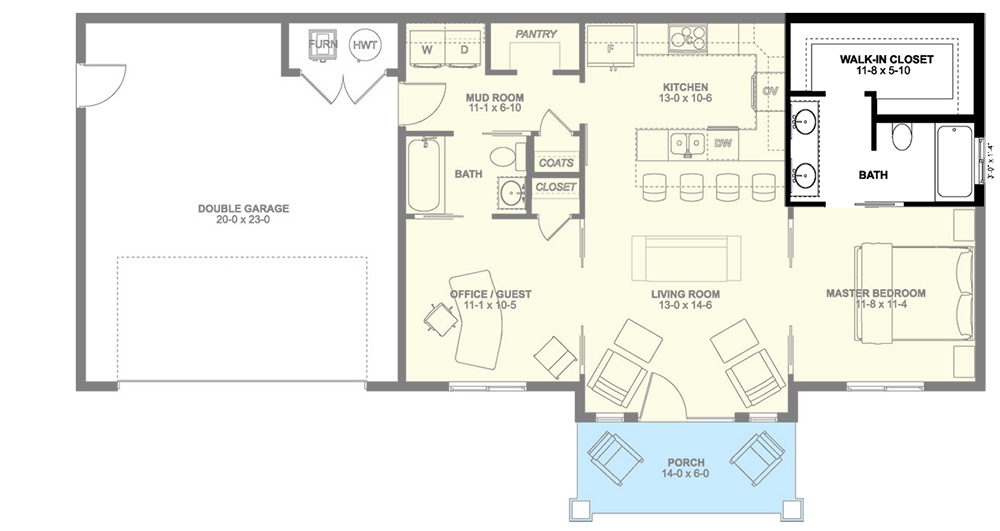 Plan 67761MG: Split Bedroom One Floor New American House Plan - 928 Sq Ft - Floor Plan - Optional Bathroom Layout - Country, Craftsman, New American