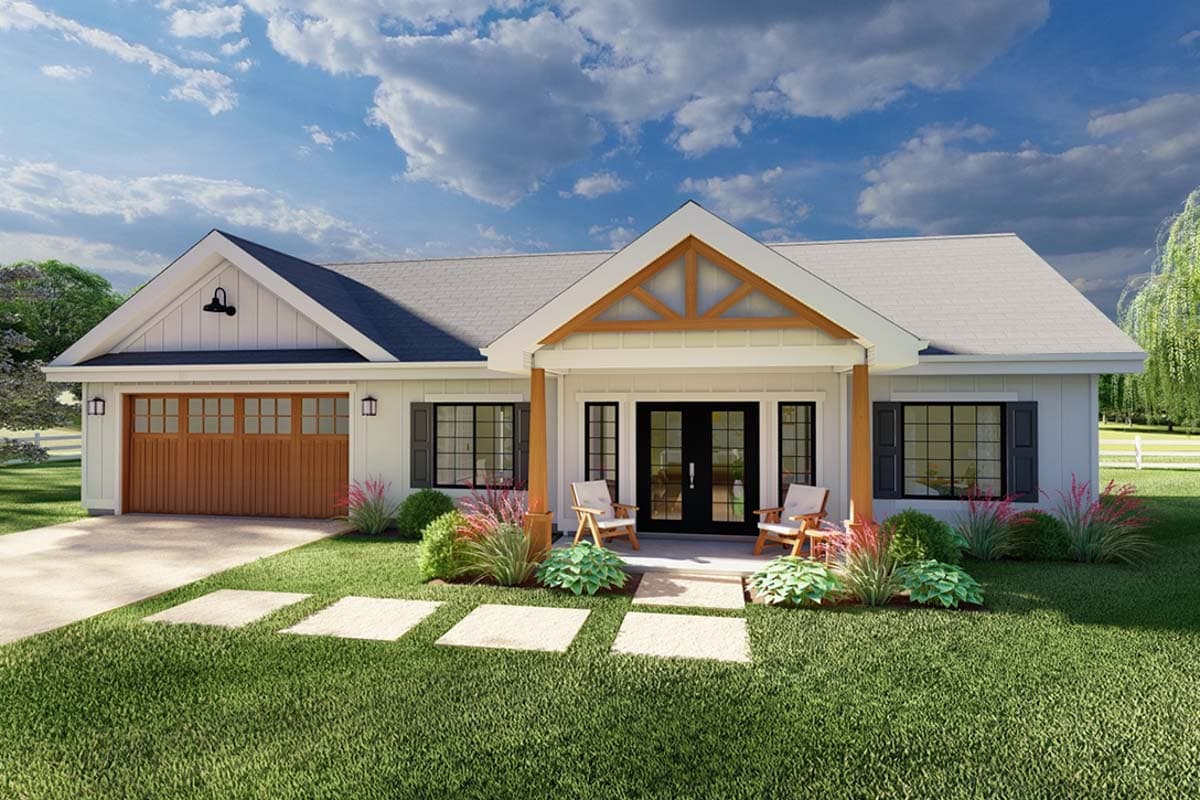 House plan exterior featuring a single-story design, front porch, gables, and a detached garage with an overhead door.
