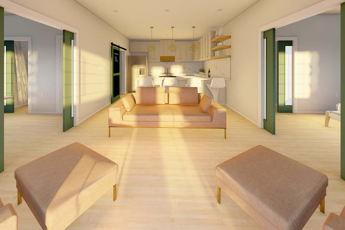 Interior rendering of an open-concept living area adjacent to a kitchen, featuring a sofa, ottomans, and island.
