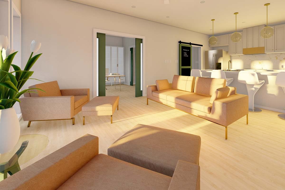 Interior rendering of a living room with modern furniture, open to a kitchen with island and bar stools, and a doorway to a home office.