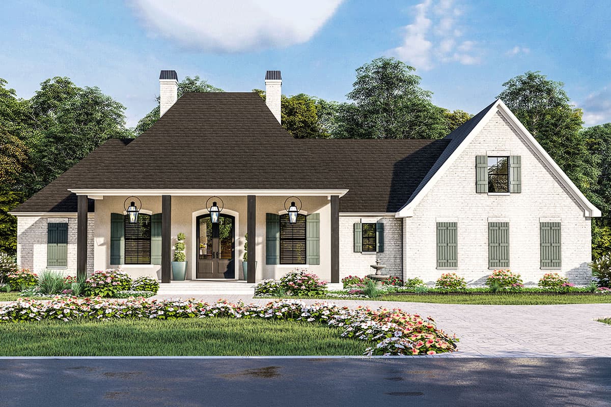 House plan exterior. One-story French country style home with a front porch, gables, and dark roof. Features brick exterior and shutters.