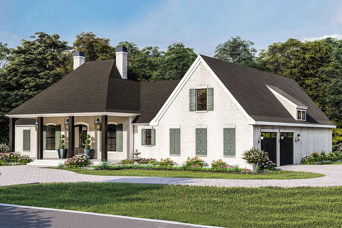 House plan exterior: White brick two-story home with gabled roof, covered porch, shutters, and attached garage.