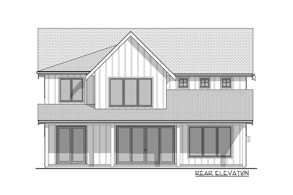 Rear elevation house plan: two-story, gabled dormers, balcony, and extensive ground-floor glazing.