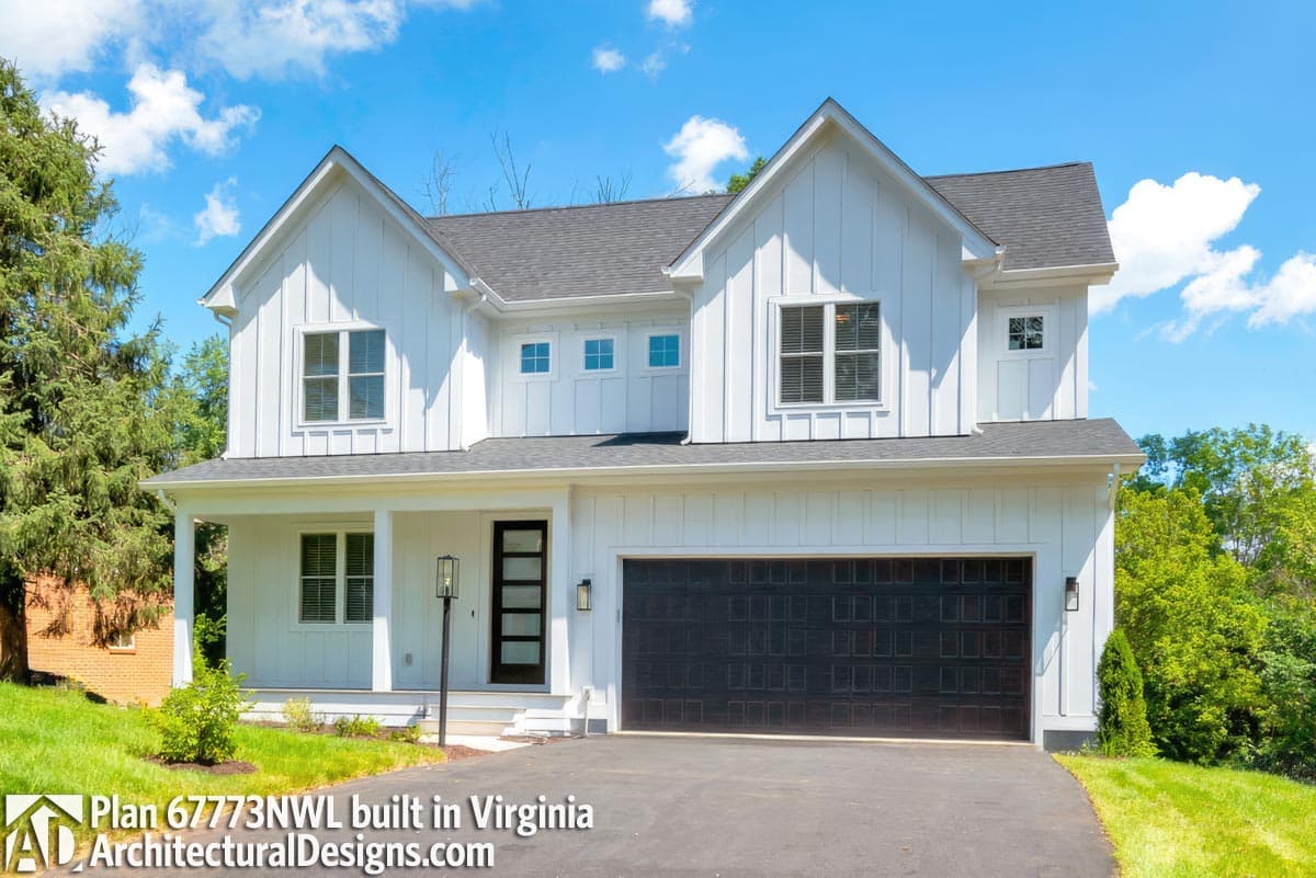 Modern Farmhouse house plan exterior with gables, covered porch, and attached garage.