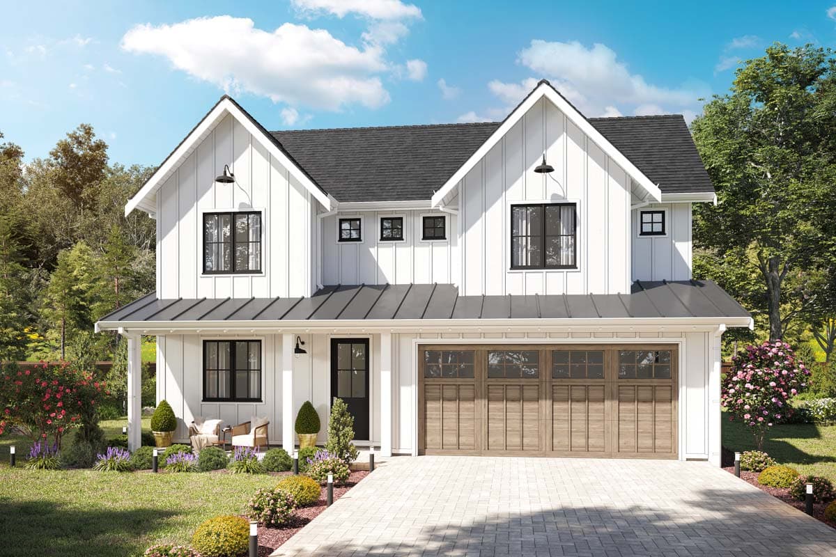House plan exterior. Two-story Modern Farmhouse with board and batten siding, metal roof, gabled roof, and attached garage with wood-toned doors.