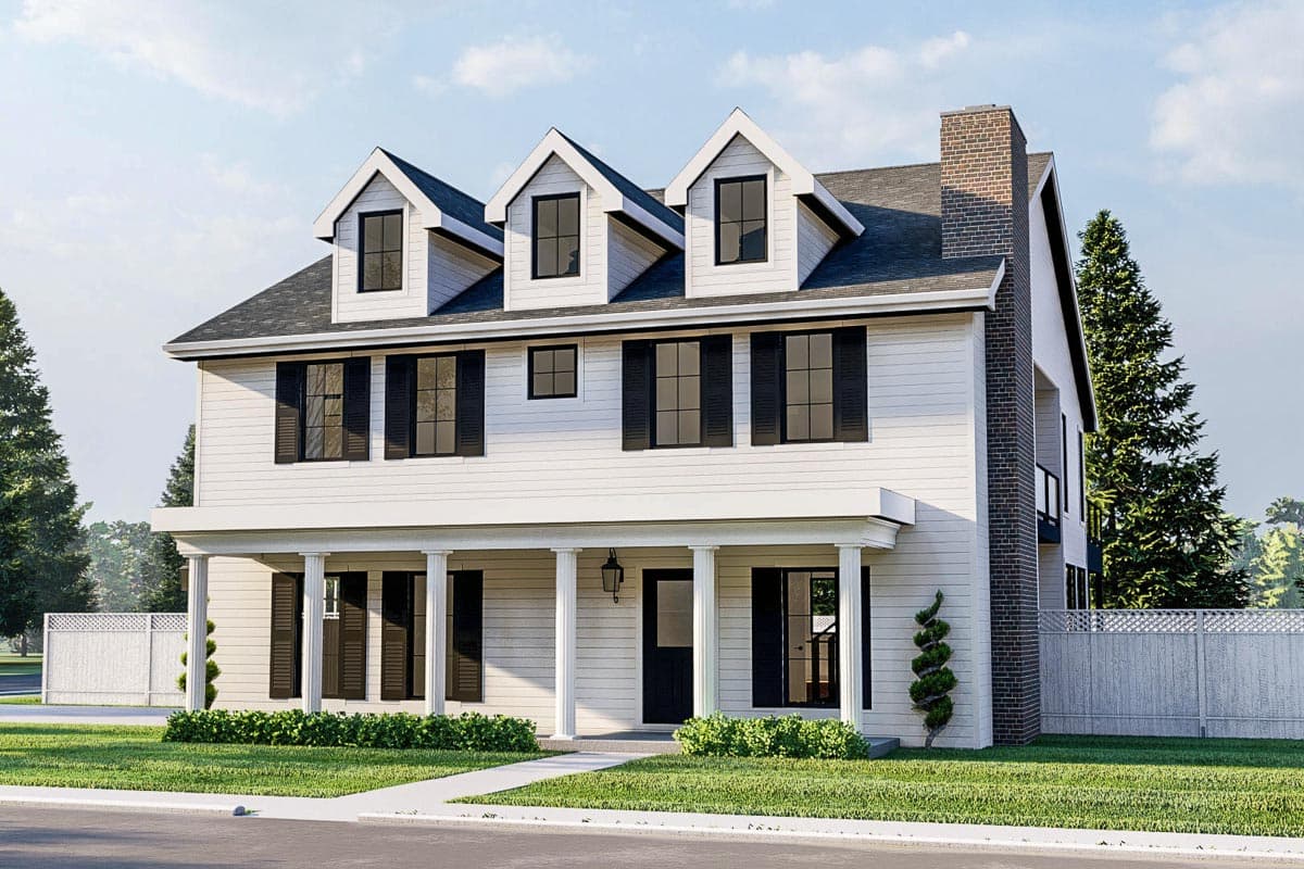 House plan exterior. Two-story Colonial with gabled dormers, a front porch with columns, and a brick chimney.