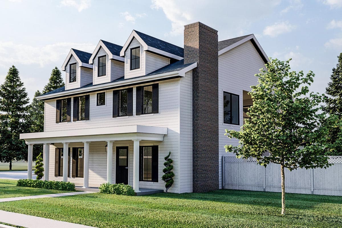 House plan exterior, two stories, with dormers, a large brick chimney, and a covered front porch with columns.