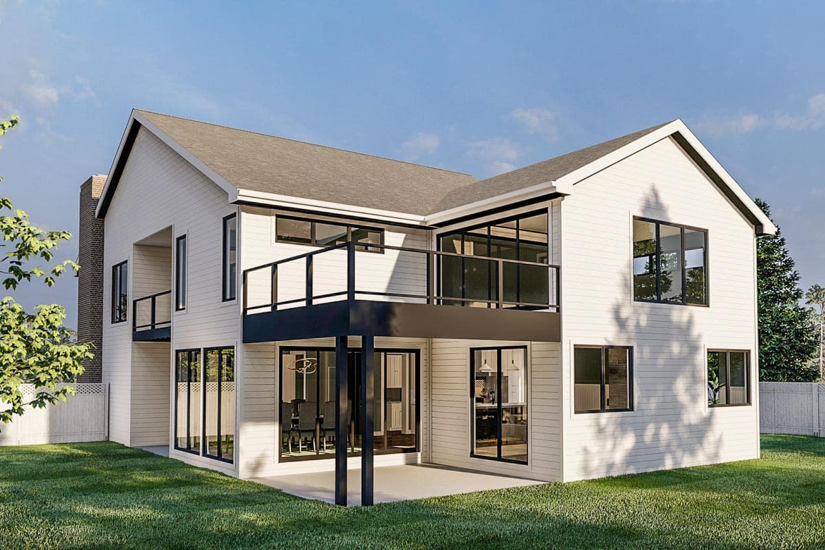 Modern house plan exterior with white siding, multiple gables, a second-story balcony, and numerous large windows.