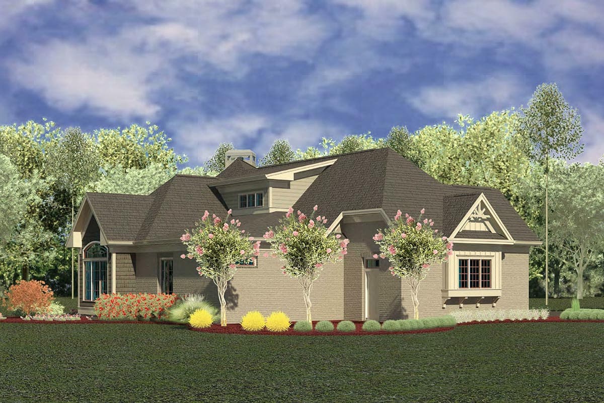 House plan exterior shows a two-story home with a prominent gable, dormer, bay window, and hip rooflines.