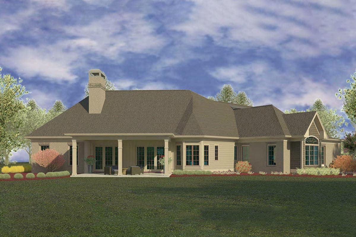 House plan exterior: single-story home with covered porch, fireplace chimney, gable dormer, and arched window.