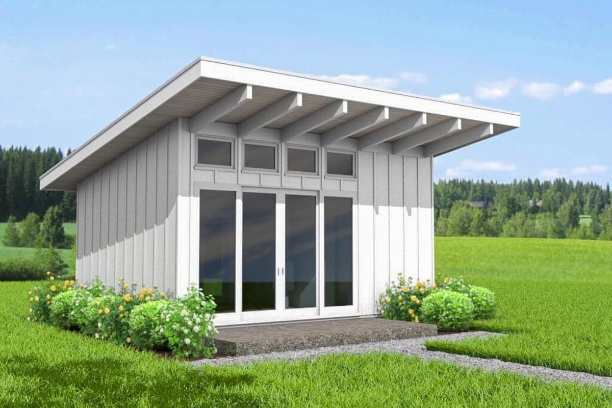 House plan exterior. Modern style with a single story, flat roof with exposed rafters, and large sliding glass doors.