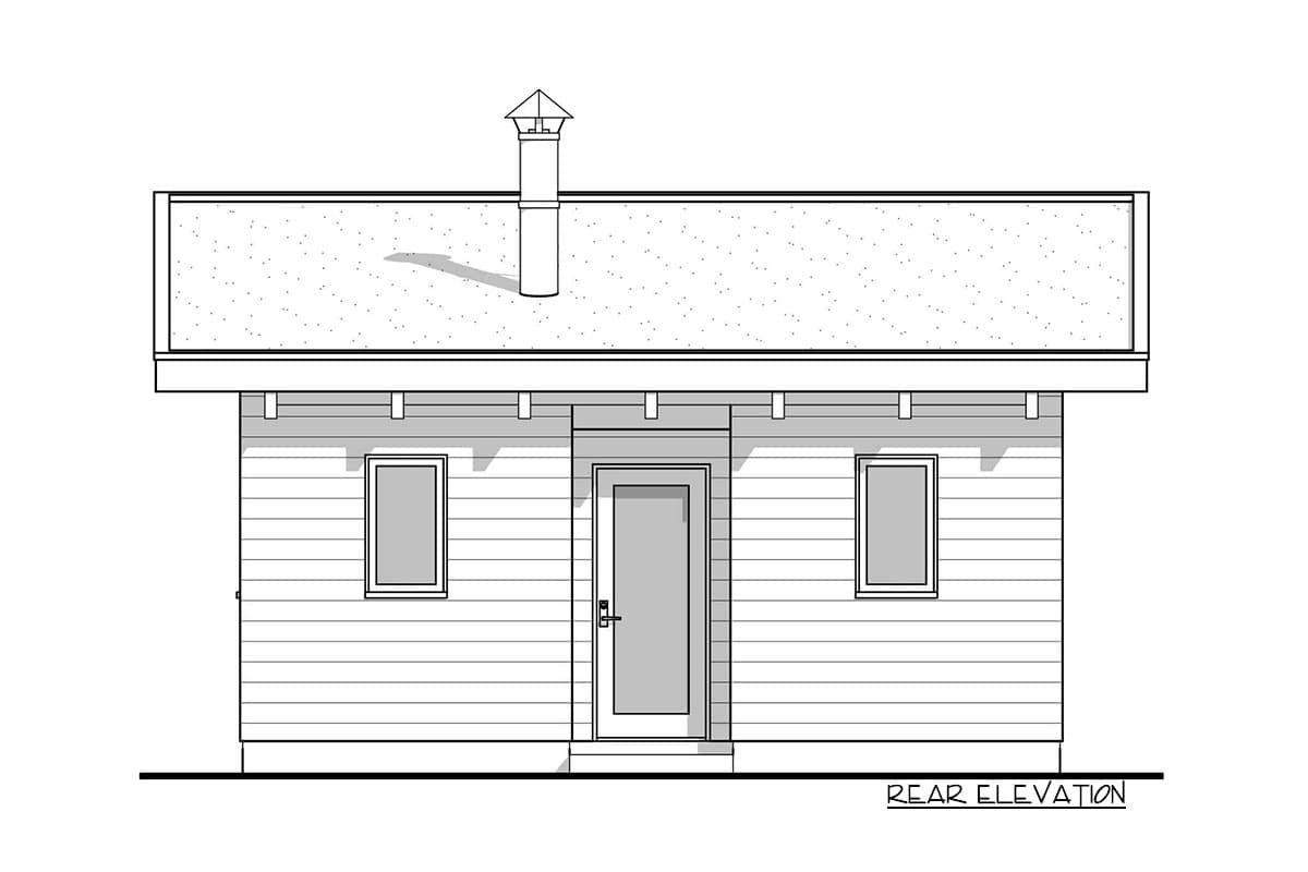 Rear elevation drawing of a small house with a flat roof, central door, two windows, and a chimney.