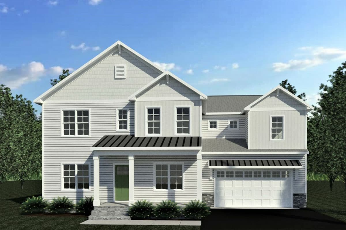 Two-story house plan exterior with gables, a covered front porch, and an attached two-car garage.