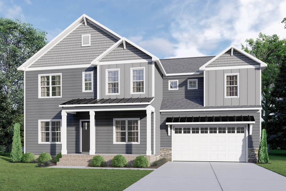 House plan exterior with two stories and a farmhouse style. Features include a front porch, gables, and a garage with a prominent roofline.