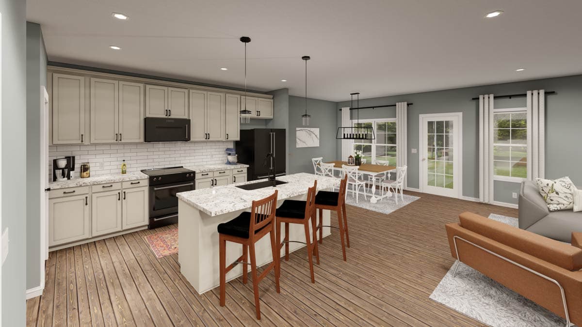 Kitchen and dining area with island, light cabinets, black appliances, dining table with chairs, and access to outdoors.