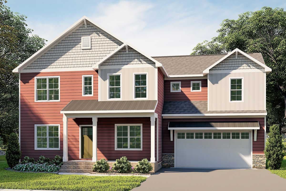 House plan exterior of a two-story home with a covered front porch, multiple gables, and a three-car garage.