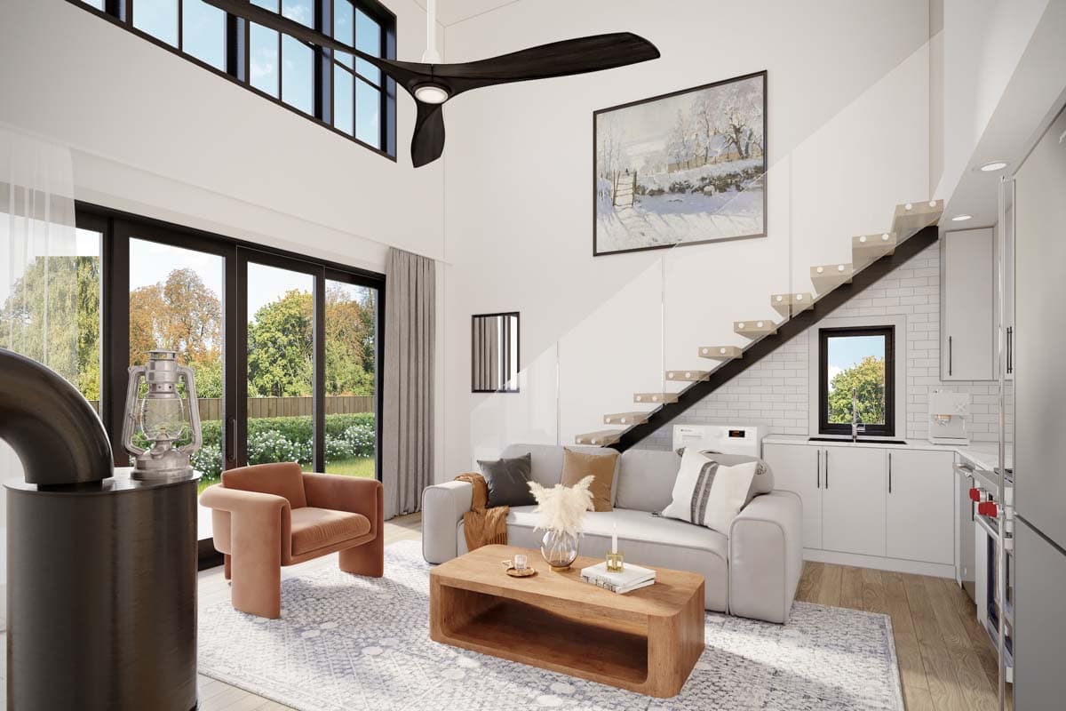 Modern interior rendering with open living area, floating stairs, kitchen, and large windows overlooking a garden.