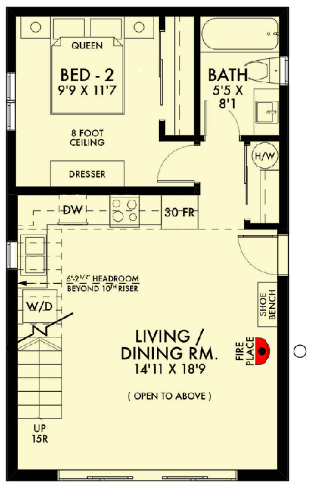 Plan 67779NWL: Small Modern Farmhouse with Two-Story Great Room - 893 Sq Ft - Floor Plan - Main Level - Cottage, Modern Farmhouse, Traditional, Vacation