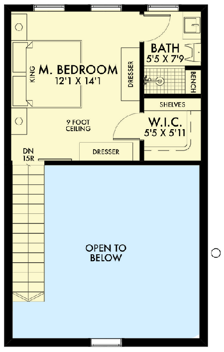 Plan 67779NWL: Small Modern Farmhouse with Two-Story Great Room - 893 Sq Ft - Floor Plan - 2nd Floor - Cottage, Modern Farmhouse, Traditional, Vacation