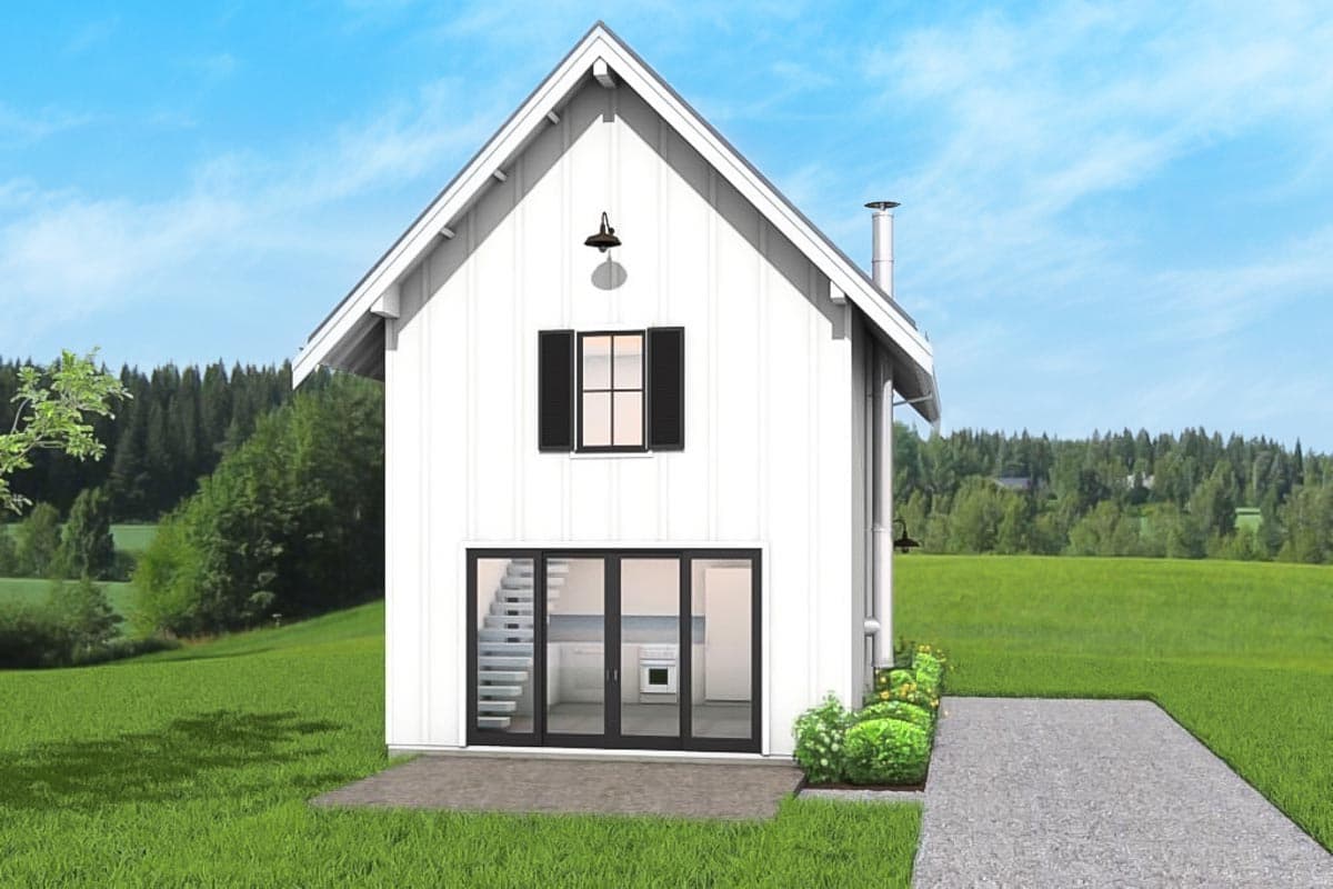 Plan 67779NWL: Small Modern Farmhouse with Two-Story Great Room - 893 Sq Ft - Image #4 - Cottage, Modern Farmhouse, Traditional, Vacation