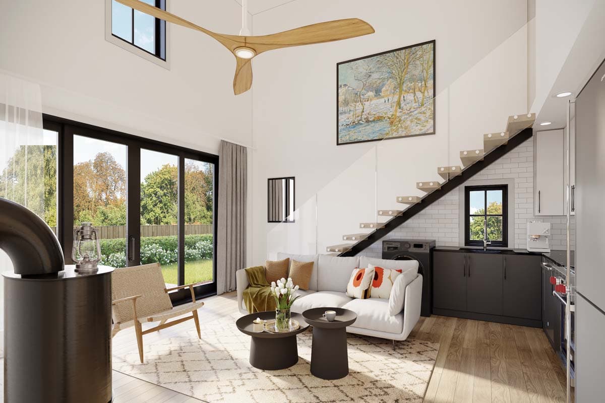 Modern interior rendering showcasing a living area with vaulted ceiling, large windows, and open-concept kitchen with island.