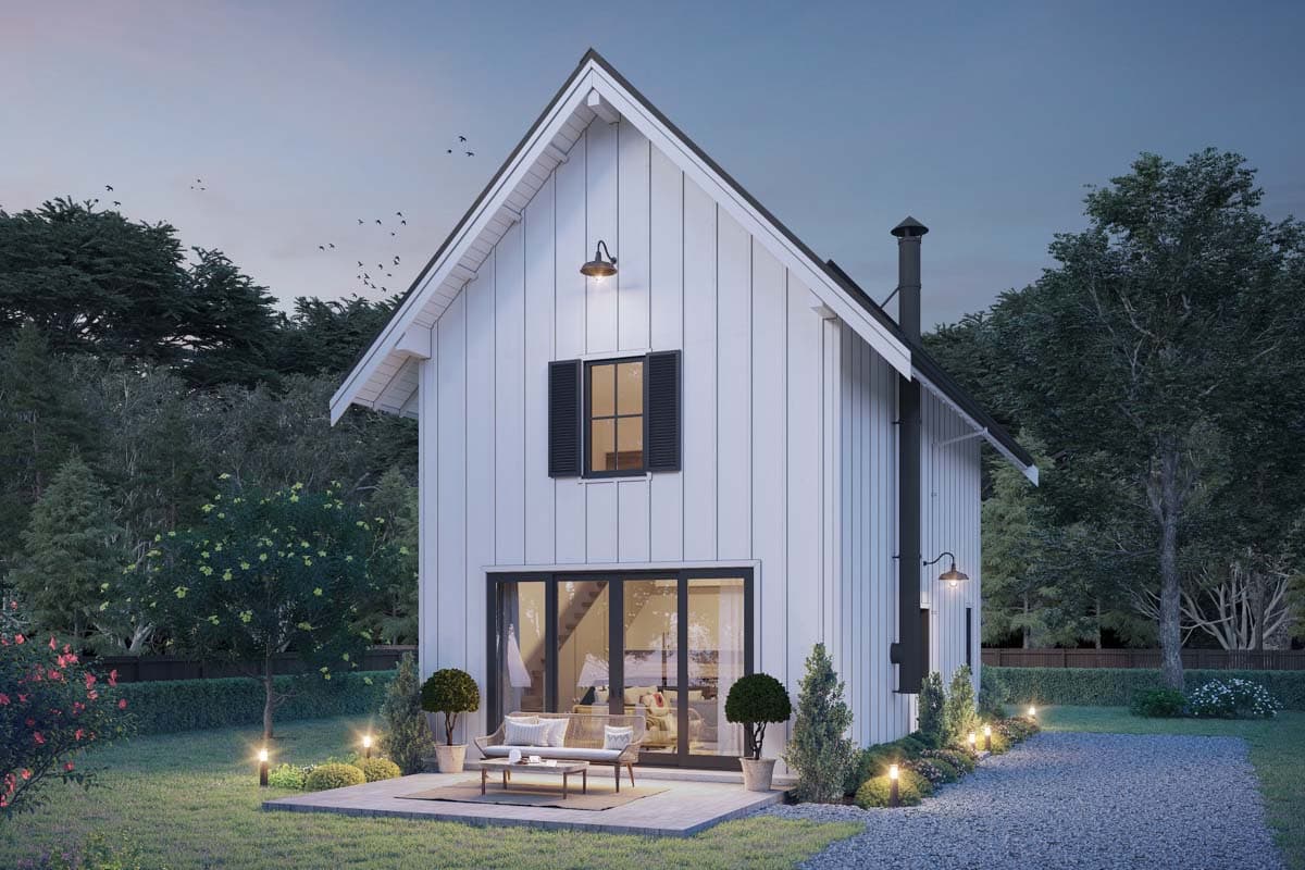 Modern Farmhouse house plan exterior with board and batten siding, steep gable roof, large glass doors, and chimney.