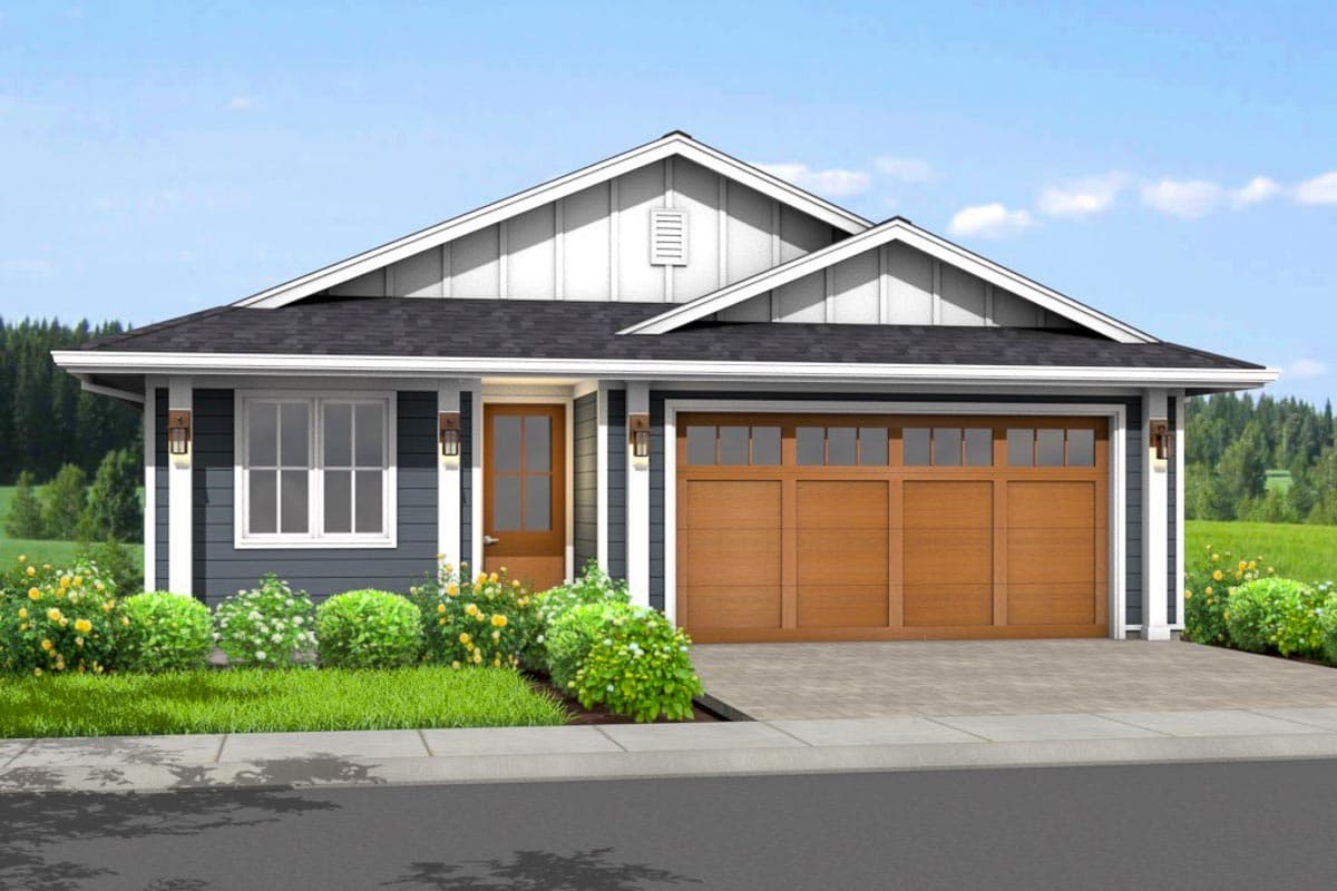 House plan exterior: One-story Modern Farmhouse with gable roof, white trim, a wood-paneled garage door, and a covered front entry.