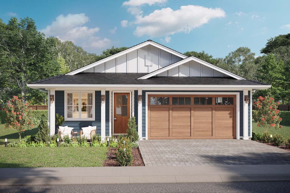 House plan exterior. Craftsman style, one story home with gabled roof, wood garage door, and a front porch area with seating.