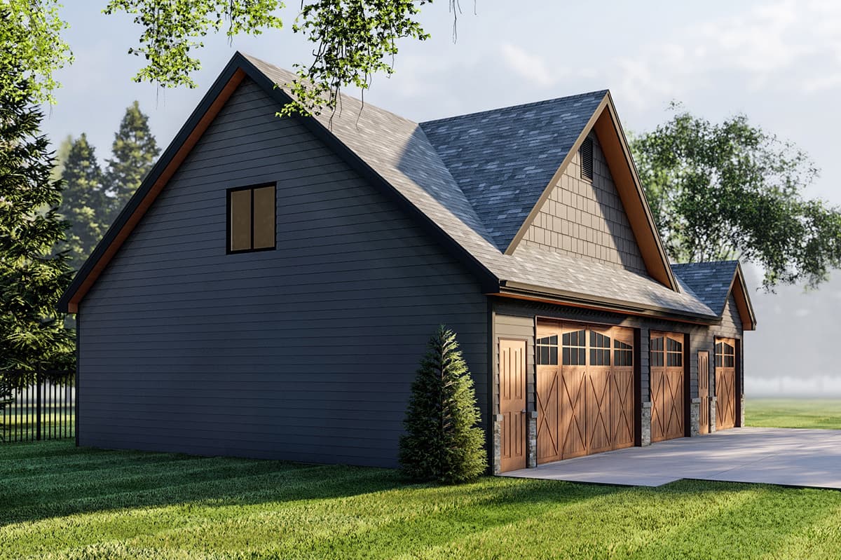 House plan exterior featuring a dark gray siding, gable rooflines, shingle-clad gables, and three wooden garage doors.