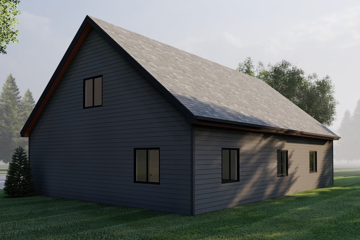 House plan exterior: Gable roof, dark siding, and multiple windows. Two stories visible with upper and lower level windows.