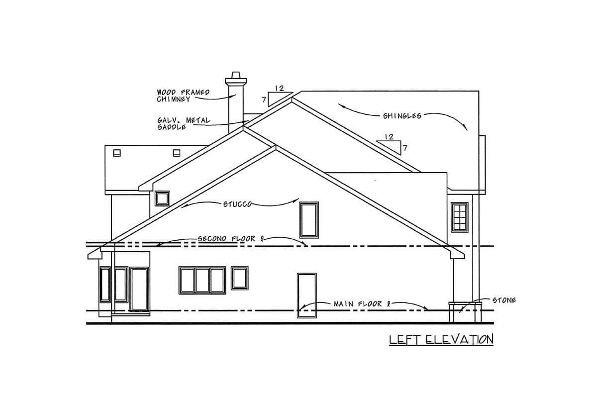 Left elevation house plan drawing showing stucco exterior, wood framed chimney, multiple gables, and varying rooflines.