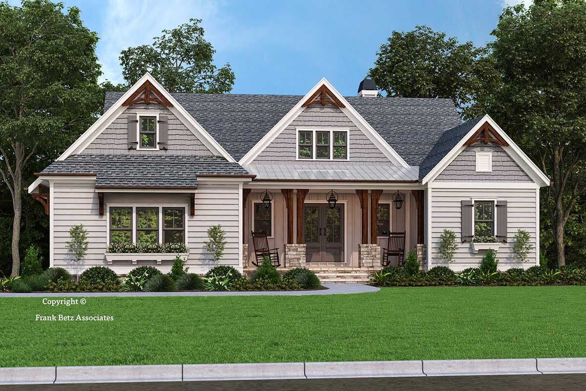 House plan exterior. Craftsman style, one-story home with a gabled roof and a covered porch. Features include dormers and exposed rafter tails.